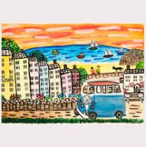A bright painting of a VW camper travelling through a city with a lake and boats in the background