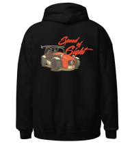 Branding Clothing, illustrated by a black jumper with a picture of a car saying Speed of Sight