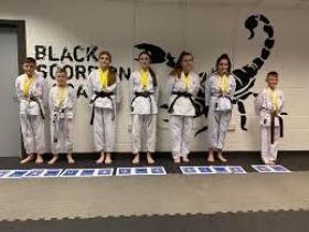 Group of karate students standing smiling in a line