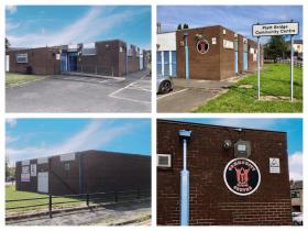 The picture shows the outside area of Platt Bridge Community Centre building from four different angles. The building is made out of brown brick and includes a ramp, as well as grass surroundings and a car park area.