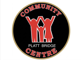 Graphic logo depicting a round shape and the text: 'Community Centre - Platt Bridge' in bold red letters. In the middle, the silhouette of a man, a child and a woman raise their hands up.